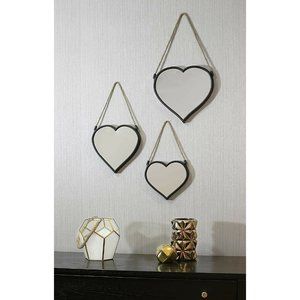 Set of 3 Decorative Mirrors Hearts Shaped Rope Accent Black - Home Wall Decor